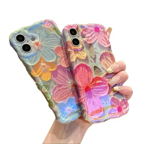 Women's Retro Oil Painting Glitter Colorful Wave Floral Smartphone Casing for iPhone 18 Pro Max-13, Soft TPU Silicone Ultra-Thin Shockproof Cover with Orange White Magnetic Design, Flexible Grip, High Color Fastness, Mother's Day Gift Accessory