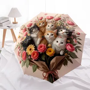 Floral Cat Bouquet Automatic Open Close Umbrella, Vintage Outdoor Fashion, All-Weather Family Travel, Durable Multi-Functional Rib