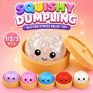 Glitter Dumpling Squishy Toy, Cute Kawaii Steamed Bun Squeeze Toy with Steamer Box, Soft Sensory Fidget Toy for Stress Relief, Desk Decor & Gifts 1/2/3PCS