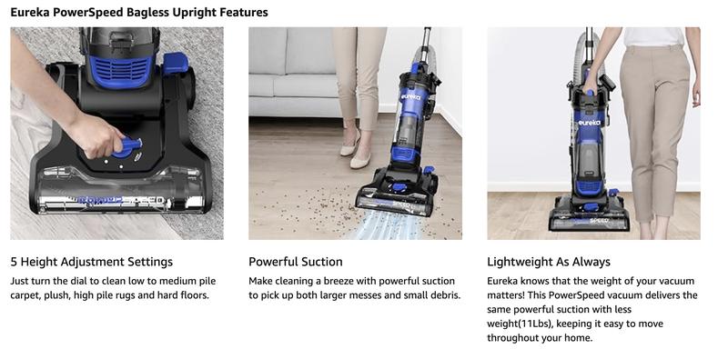 Eureka PowerSpeed Upright Vacuum Cleaner for Carpet & Hard Floor Dual Action Lightweight Powerful with Upgraded Cyclone System Blue Black Eureka PowerSpeed Upright Vacuum Cleaner for Carpet & Hard Floor Dual Action Lightweight Powerful with Upgraded Cyclone System Blue Black