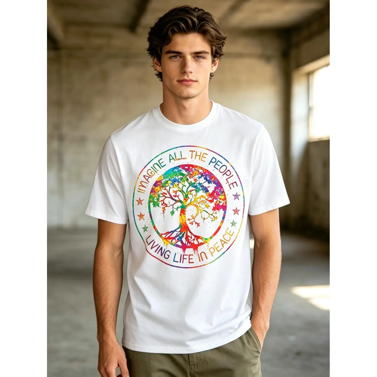 2026 Summer Limited Casual Sports Hippie Print T-Shirt - Unisex Short-Sleeved Tie-Dye Fashion Clothes with "All The People Imagine Living Life in Peace" Design, All Sizes