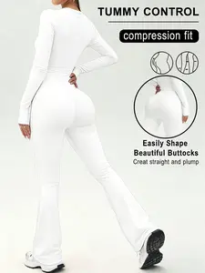 White zip-up long-sleeve flared jumpsuit, tummy-control slimming bodysuit, hip-lifting high-waist yoga jumpsuit for women, casual street sportswear | TikTok Shop Holiday Picks