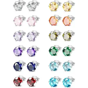 Hypoallergenic Stud Earrings for Women & Men, Surgical Stainless Steel Birthstone Earrings, Colorful Cz Small Stud Posts for Sensitive Ears