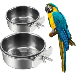 2Pcs Stainless Steel Bird Feeding Bowls, Small Bird Feeding Cup, Stainless Steel Parrot Food Bowl Cage with Holder, Parrot Cage Water Feeder, Pet Cage Cup Holder (Dia 3.93", 4.72",)
