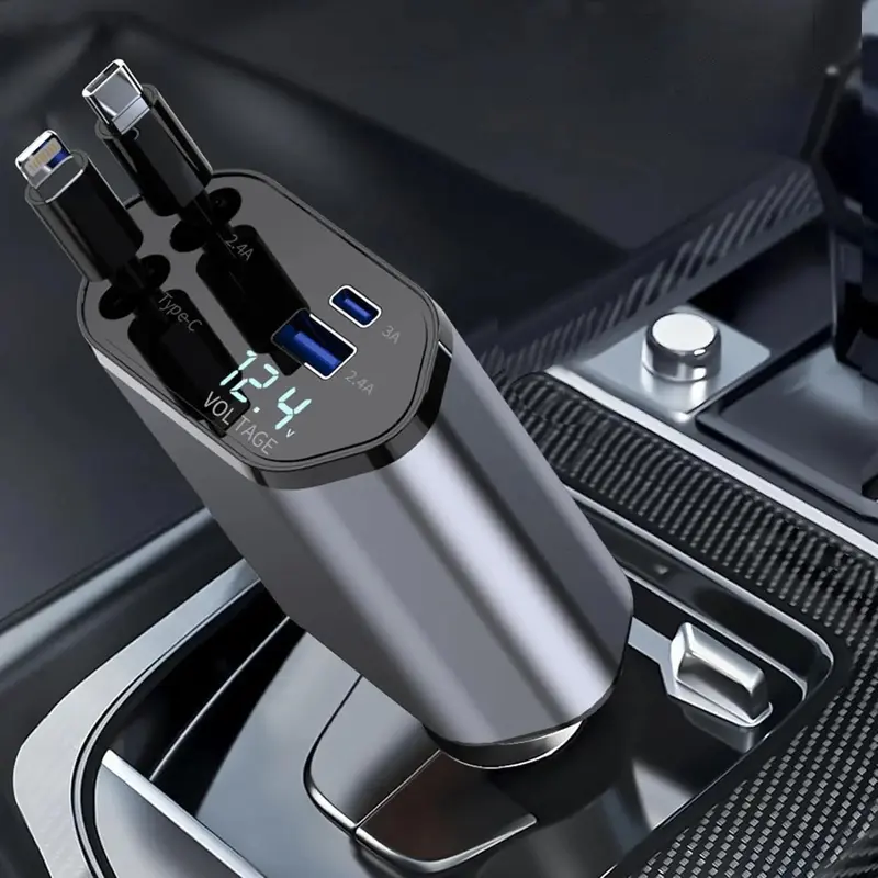 Retractable 120W 4-in-1 Fast Charging Smart Car Charger, USB-C Auto Charger, 2 USB Ports, 2.6ft (80cm) Collapsible Cable, 180-Degree Adjustment, Car Accessory for iPhone 15/14/13/12 Pro Max,