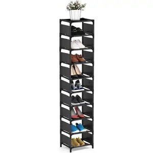 Vertical Shoe Rack, 10 Tier Narrow Shoe Rack for Closet & Entryway, Space Saving Tall Shoe Organizer for Small Spaces, Sturdy Metal Stackable Shoe Shelf Tower for Boots & Heels, Black
