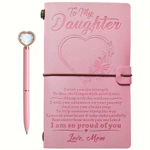 Gifts to me - leather notebook from mom + heart-shaped diamond pen set, lettering handbook, replaceable notepad, travel diary, gifts for graduation, homecoming, Christmas, birthdays, etc