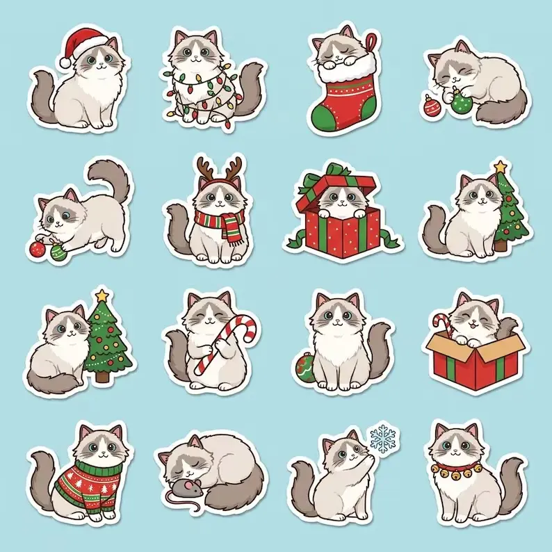 Christmas Cat Sticker Sheet, Cute Ragdoll Cat Stickers, Holiday Planner Sticker Pack, Xmas Kitty Laptop Stickers, Cat Lover Stocking Stuffer