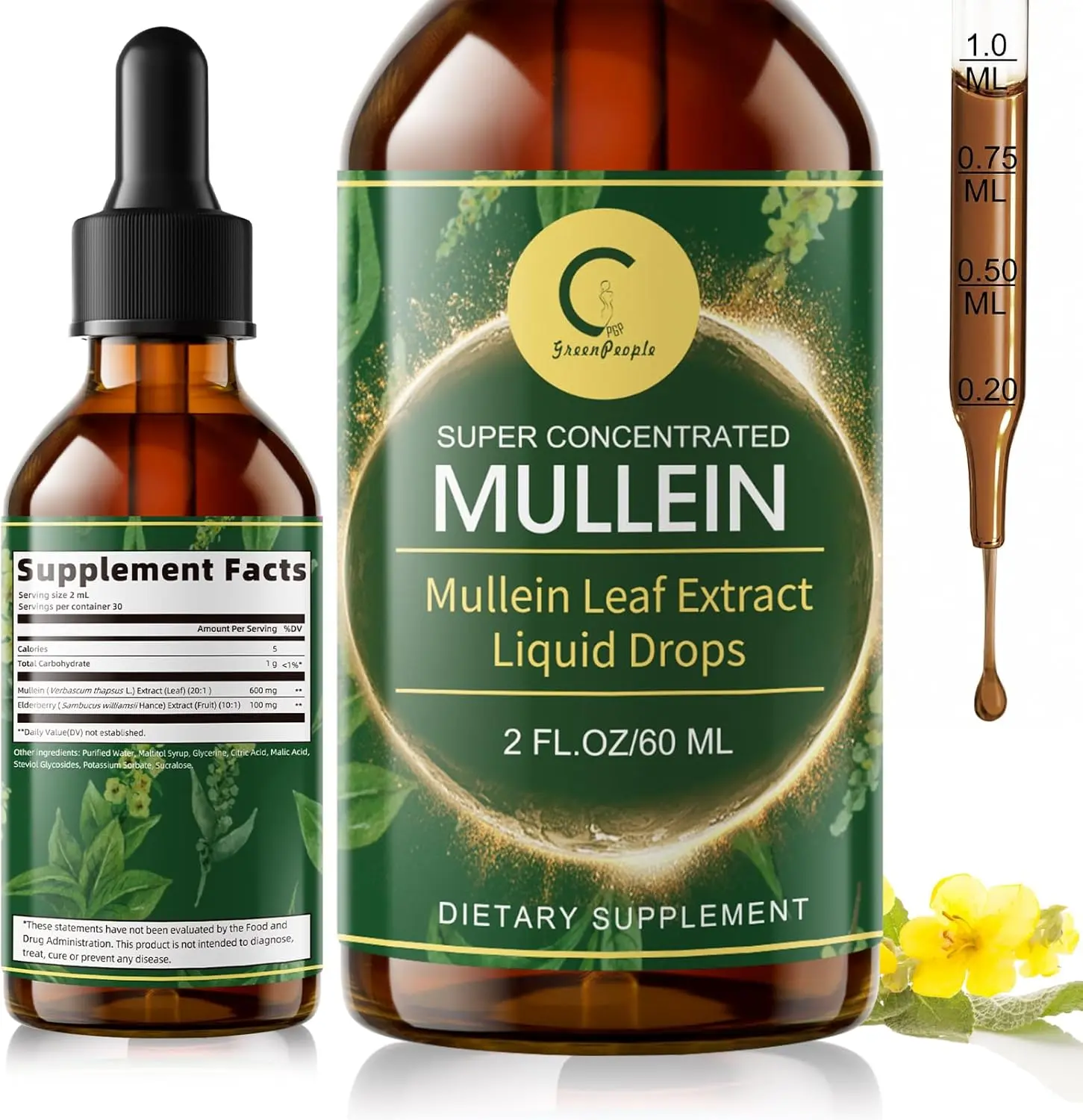 Mullein Drops for Lungs with Elderberry Liquid Tincture, 2 FL OZ | Max Strength Lung Cleanse & Detox for Smokers. Support Respiratory Health & Natural Mucus Relief Liquid Drops