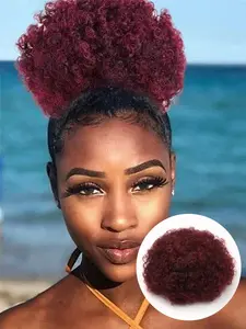 8-Inch Burgundy & Multi-Color Fluffy Afro-Style Drawstring Ponytail Wig — 60g Short Synthetic Afro Hairpiece with Natural Texture; Clip-In Style for Creating a Voluminous Curly Bun, Ideal for Festivals, Parties, and Special Occasions.