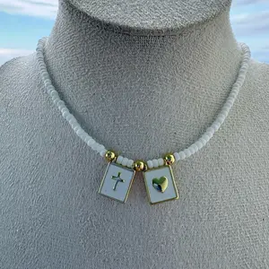White Beaded Necklace with Cross & Heart Charms | Faith & Love Jewelry | 40cm + Ext