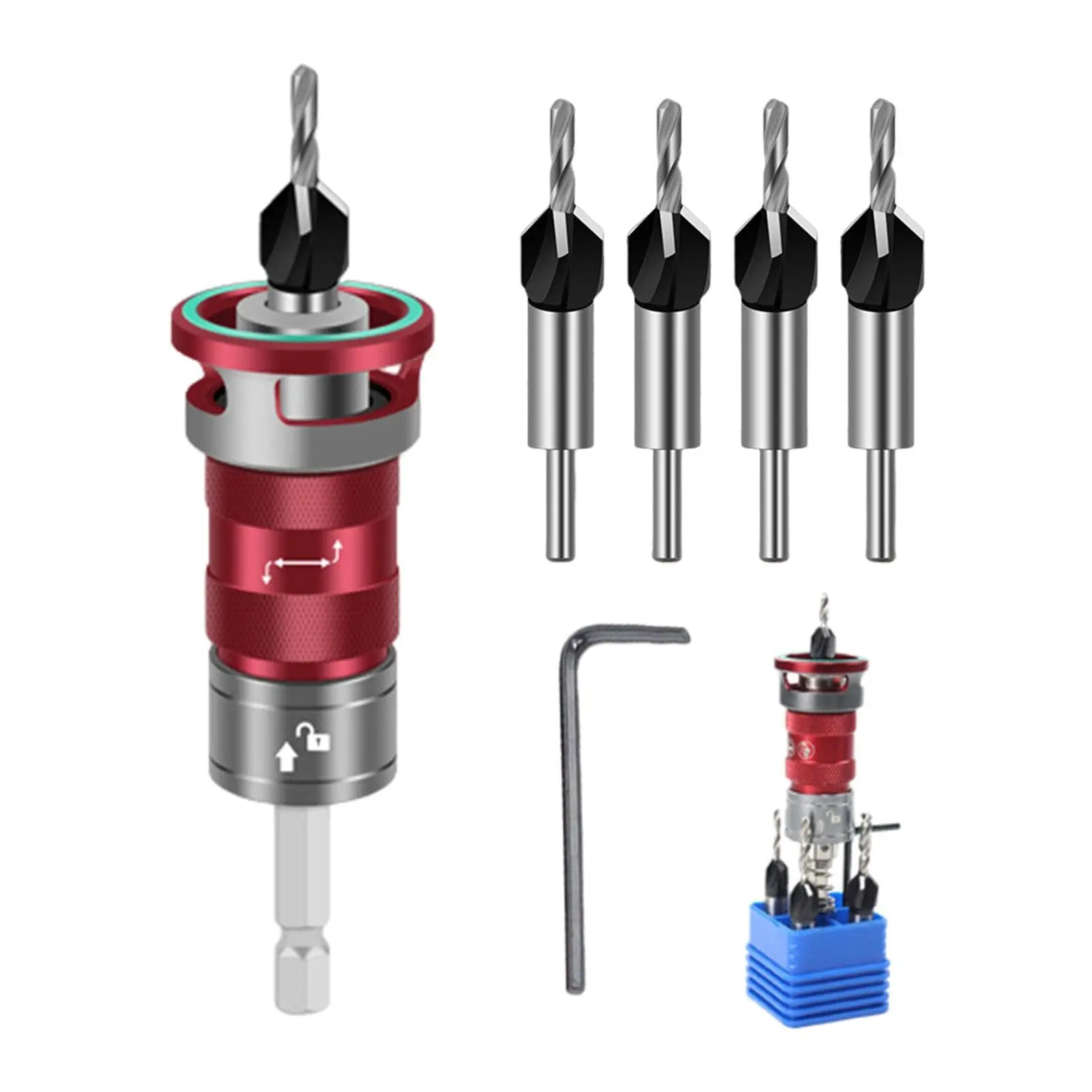 5 PCS Countersink Drill Bit Set for Wood Hobbyists - Adjustable Depth Stop, Quick Change Tool, Chip Clearance, Reliable Edge Retention, Effortless Drilling Experience for Plywood, Non-Ferrous Metals, Aluminum, Chipclearance, Depthstop