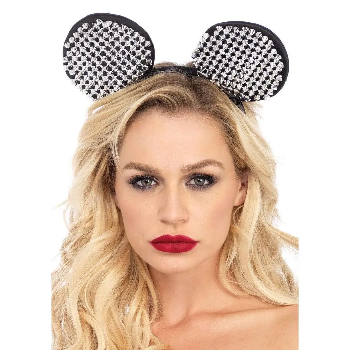 Satin Mouse Ears Costume Headband with Edgy Metallic Studs for Women & Teens, Flexible for Festivals & Halloween, Cosplay