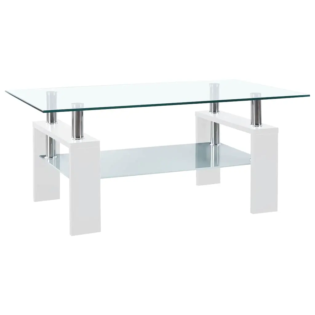 vidaXL Coffee Table, End Table with Melamine Legs, Accent Sofa Table with Storage, Living Room Furniture, Modern, White and Transparent Tempered Glass 330304
