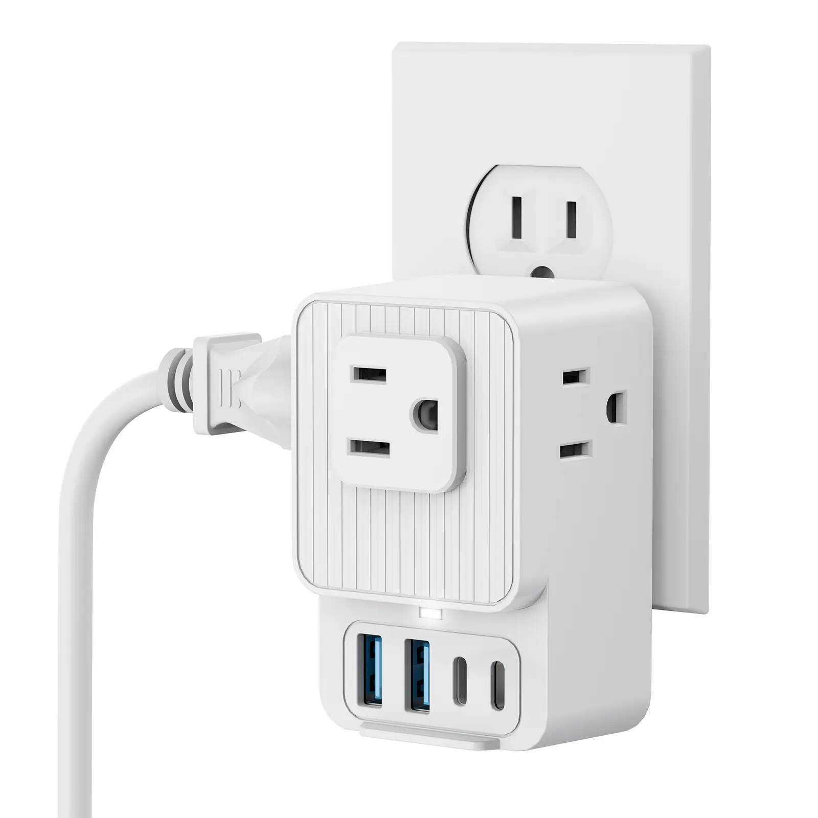 7-in-1 Tri-Sided Wall Socket Extender, US Plug (110V-130V 1300W) with 3 AC Power Outlets, 4 Multi-Outlet Sockets (2A USB Slots + 2 Type C Ports), High-Speed Compact Flexible Charger for Home, Travel, Power Socket Outlet