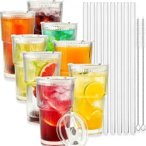 20 oz Ribbed Glass Tumblers with Lids and Glass Straws – 8-Piece Glassware Set, Thickened Wall, Ideal for Iced Coffee, Smoothies, Cocktails, and Juices – Elegant and Durable Drinkware