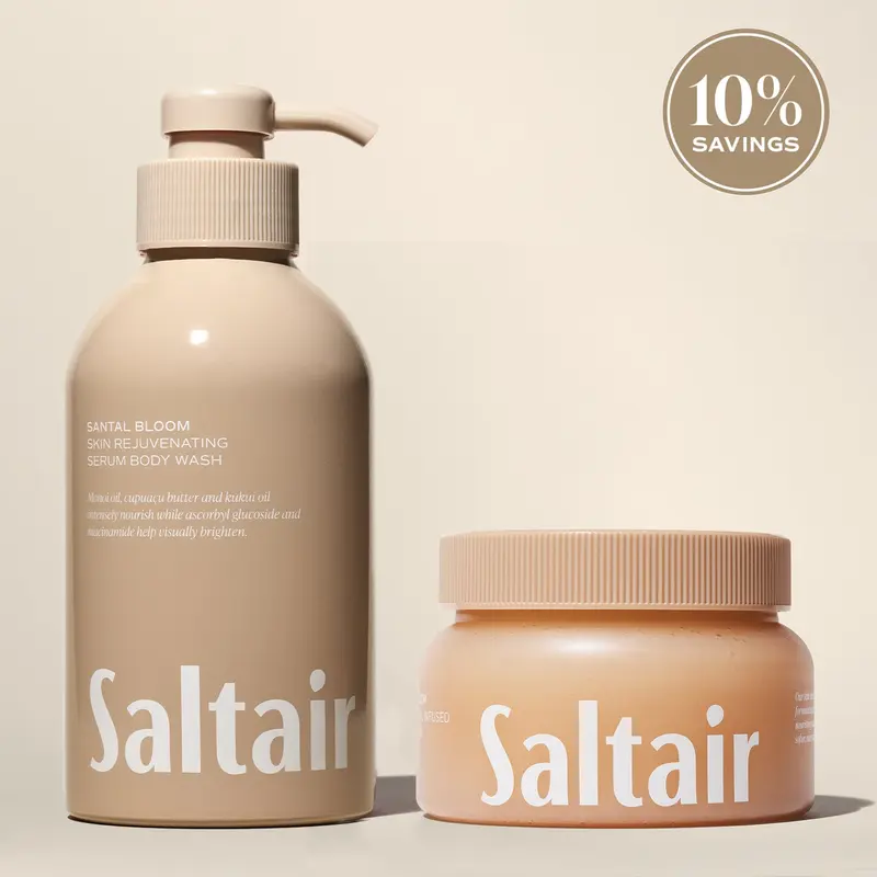 Saltair Santal Bloom Double Cleansing Duo - Vitamin C Oil-Infused Body Scrub (18.5 fl oz / 524 g) , Serum Body Wash (17.0 fl oz / 500 mL) - Creamy Sandalwood, Sheer Amber, Sensual Musks