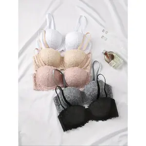 Women's Floral Push Up Lace Bra, Comfortable Breathable Detachable Shoulder Straps Strapless Bra, Lingerie for All Seasons