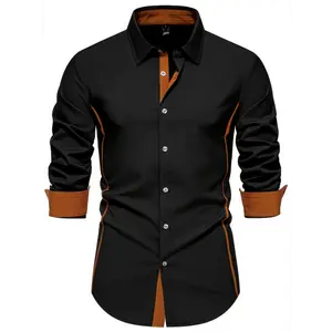 Casual Color Block Men's Long Sleeve Button Up Shirt, Men's Spring And Autumn Mature Blouse