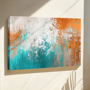Wooden Framed Wall Art, Wrapped Canvas Vintage Prints Poster, Vintage Abstract Print - Bold Teal And Orange, Perfect Gift Decor, Wall Art for Living Room Bedroom Office, Hanging Hardware Included - Framed, Horizontal Artwork Painting Decoration Ornaments
