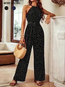 Women's Polka Dot Print Belted Tie Waist Jumpsuit, Casual Elegant Sleeveless Jumpsuit for Summer, Women's Jumpsuit for Beach Holiday