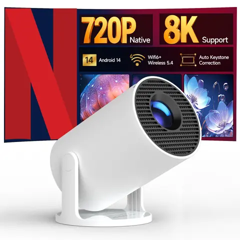 HY300Pro Smart Projector - 290ANSI, 1280x720P, 8K Decode, Auto Keystone Correction, Dual-Band WiFi6, BT5.4, Android 14, 4K/1080P Audio Support, Lightweight Modern Portable Display, Abs, Oval Box, Ceiling Mount, Projector for Bedroom, Home Cinema Gift