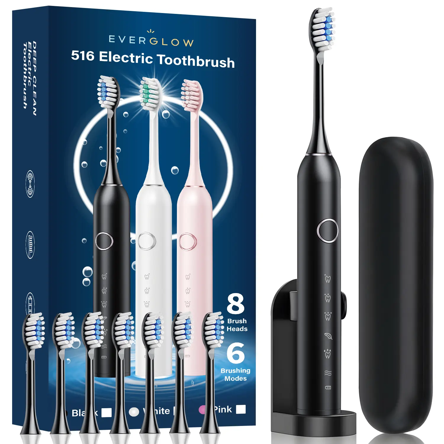 Premium Quality, Insanely Cheap! Everglow Electric USB Charging Toothbrush, 1 Count Soft Bristles Toothbrushes & 4 Counts Brush Head & 1 Count Charging Cable, Intelligent Cleaning Toothbrushes, Gift