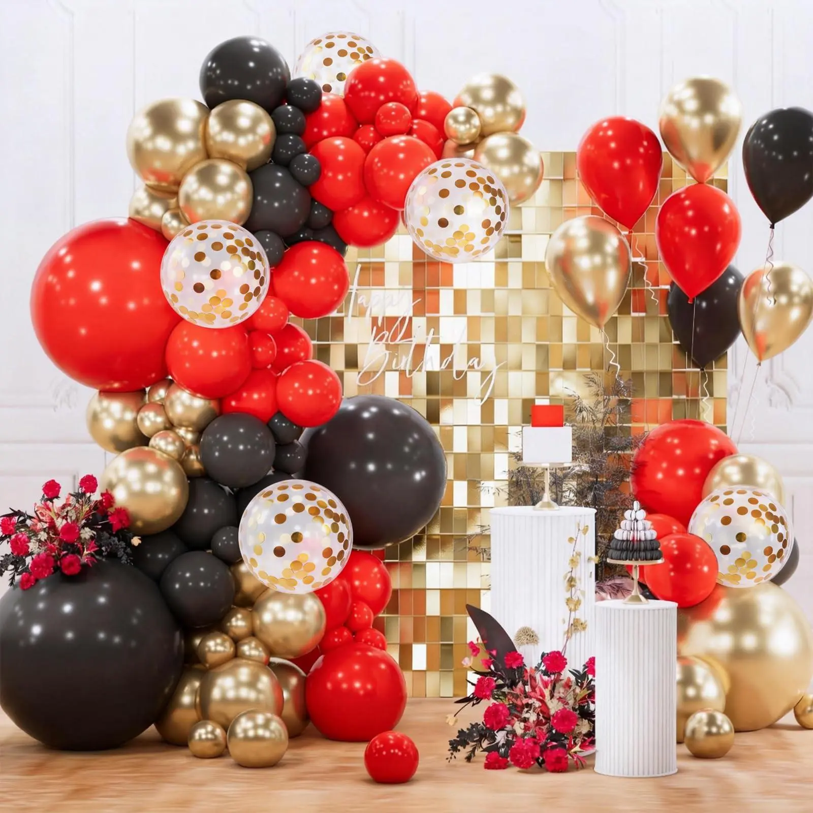 PartyWoo 142pcs Colored Latex Arch Balloons Kit (18/12/10/5in) - Matte, Metallic, Confetti for New Year's Eve, Birthday, Balloon Arch Backdrop Decorations