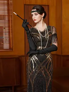 Women's 1920s Vintage Sequin Formal Party Dress, Round Neck, Fringe Shoulder Sleeves, Layered Hem, Slim Fit, Cocktail Party Wear