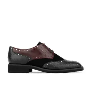 Eton Burgundy & Snake Women's Oxford Shoe - Black Italian Leather with Lace-Up Closure & Cuban Heel Design Round Toe All Seasons Plain Pattern