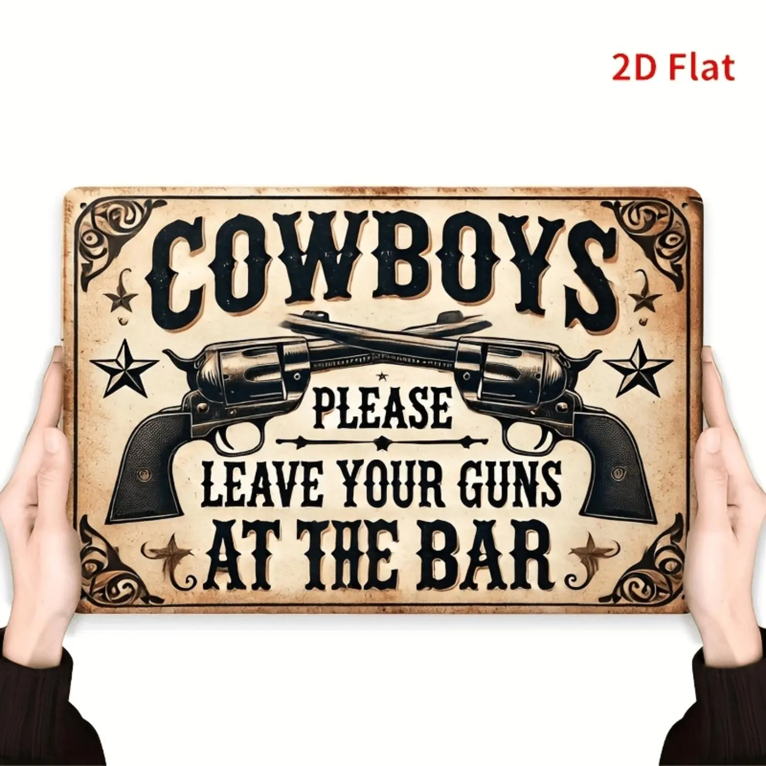 2D Flat, 1pc Large Vintage Western Wall Gun & Wanted Poster - Revolver & Cowboy Outlaw Sign - Aged Brown/Black Artificial Suitable for Man Cave, Saloon, Ranch - Western Theme Décor with "Leave Your Gun at the Bar" Message - Easy Installation Holes