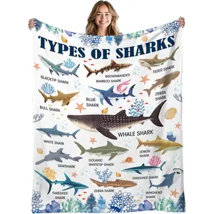 Types of Sharks Educational Throw Blanket, Ocean Lover Themed Cozy Blanket, Soft Fluffy Lightweight Blanket for All Seasons, Anti-Pilling Washable Decorative Blanket