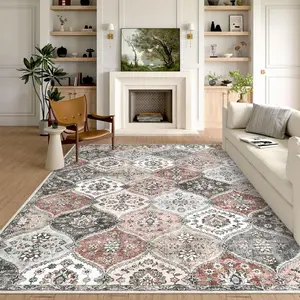 【GARVEE】Washable Area Rugs 8 x 10 Rug Vintage Area Rug for Bedroom Non-Slip Large Indoor Carpet, Stain Resistant and Low Pile Oriental Carpet, Vintage Printed Rugs for Living Room, Nursery, Ash Powder