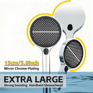 Rayho Extra Large Handheld Showerhead with 4 Spray Modes - Wide Coverage, Mirror Chrome Plating, Airbrush Mode for Bathroom Cleaning