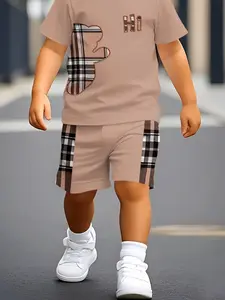 Boys Summer Trendy Short Sleeve Set, Casual Set, Fashion Letter Pattern Print, Comfortable Fitted Short Sleeve, Cute Style