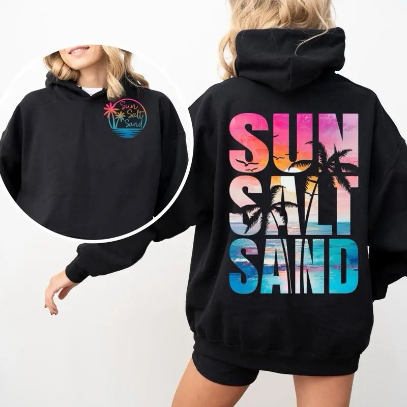 Sun Salt Sand Gildan hooded Sweatshirt with Sleeve design unisex sizing womenswear comfortable soft Casual Pullover Tops Fabric Pockets Spandex Cotton hoodie. Beach hoodie, beach life, salty air vibes, cozy beach nights, summer nights
