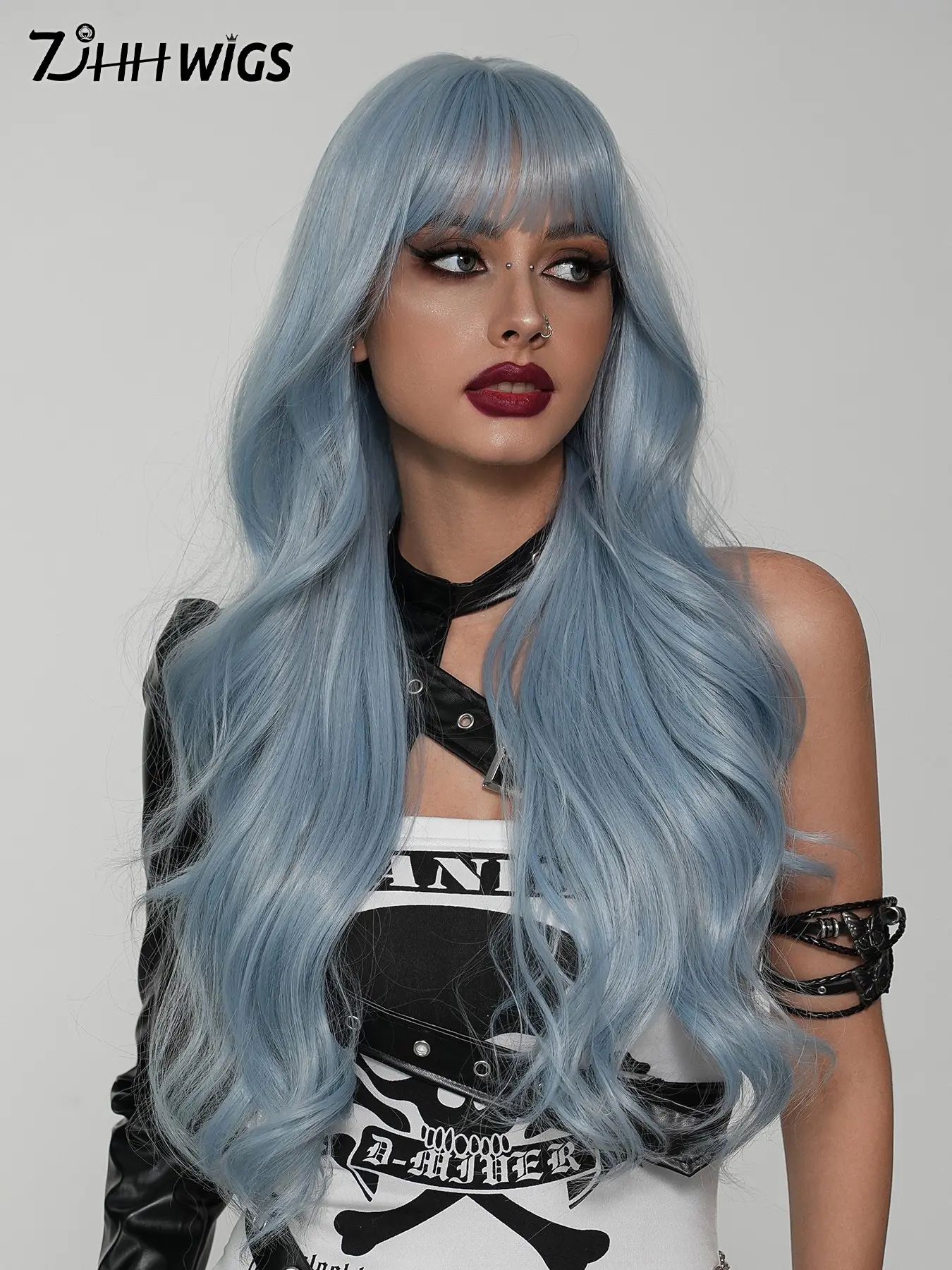 Extra Long Body Wave Blue Highlight Wigs for Women 30 Inch Gorgeous Fluffy Effortless Wig Curly Wigs with Bangs,Synthetic Wavy Hairstyle Full Machine Wigs for Girls Party Wear, Valentine's Day Streetwear,Halloween Cosplay Use
