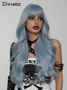 Extra Long Body Wave Blue Highlight Wigs for Women 30 Inch Gorgeous Fluffy Curly Wigs with Bangs,Synthetic Wavy Hairstyle Full Machine Wigs for Girls Party Wear, Valentine's Day Streetwear,Halloween Cosplay Use