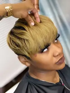 Pixie Cut Human Hair Wig for Women Short Layered With Bangs 1B/27 Black with Brown