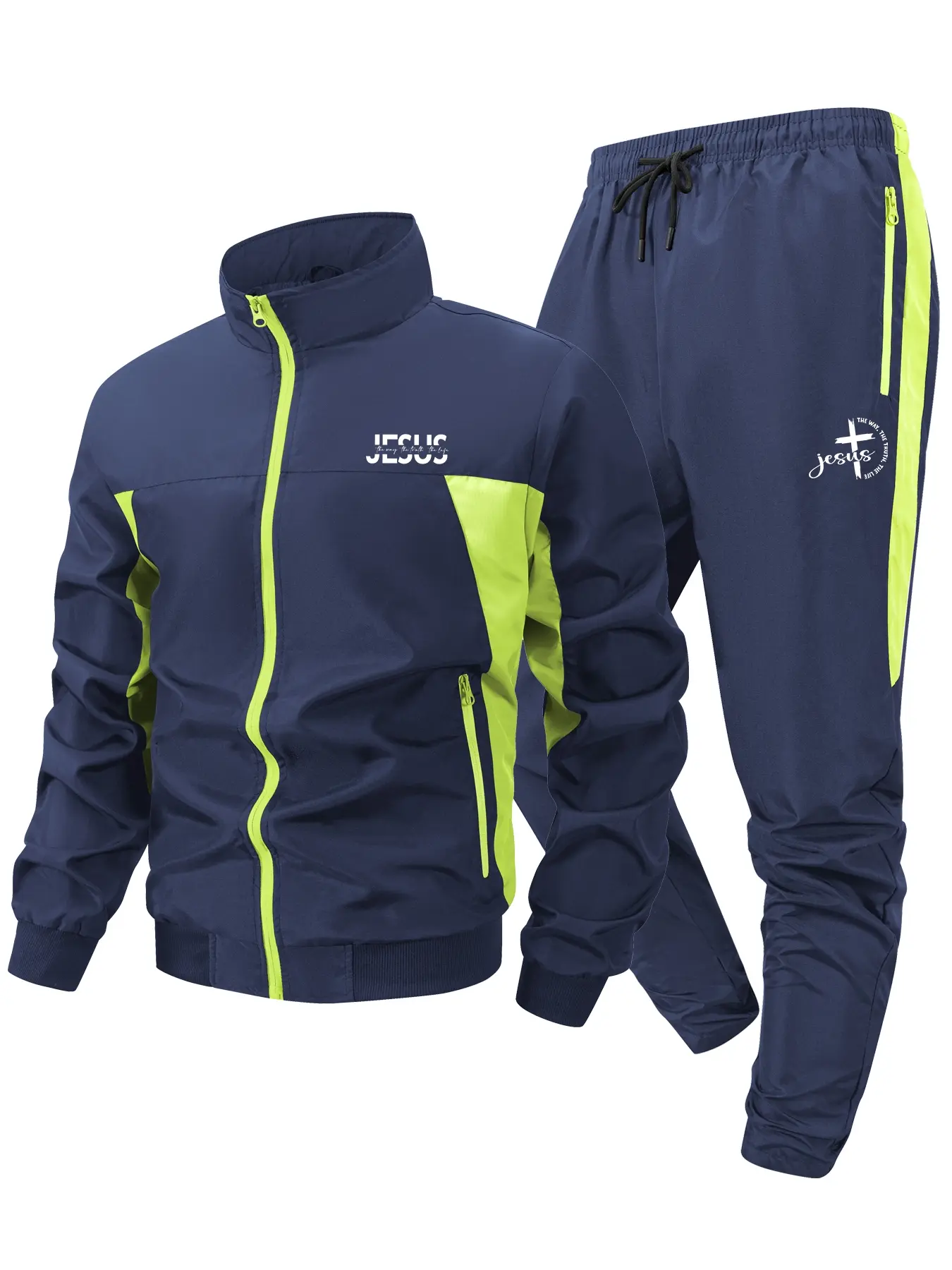 Jesus Cross Print Colorblock Patchwork Tracksuit for Men, Spring & Fall Quick-Dry Breathable Sports Set, Workout Set, Windproof Stand Collar Long Sleeve Jacket + Drawstring Elastic Waist Pants with Zipper Pockets, Sports Activewear Set
