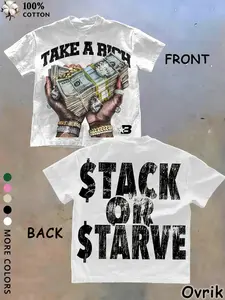 Unisex Y2K Clothing Hip Hop Money  T-Shirt - "Take A Rich / Stack Or Starve" Hustle Streetwear  for Rap Fans, Trap Lovers & Urban Hustlers, Cotton Casual Top for Concert, Festival & Daily Street Style good graphic tees