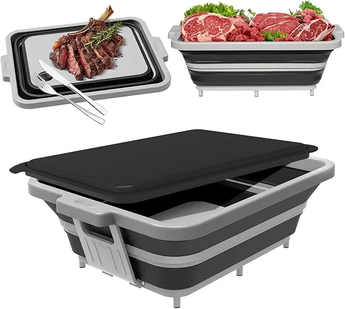 【ANJUKE】Collapsible BBQ Prep Tub with Lid — 2 Gal (8 L) Foldable Camping Sink & Colander, 4-in-1 Marinating Tub, Cutting Board, Serving Tray & Drink Chiller for Picnic, BBQ & Outdoor