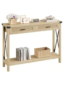 【Christmas Gift】Boho Entryway Table With Rattan Drawers, Console Table For Entryway, 43" Wood Sofa Table With Storage For Living Room, Hallway, Foyer
