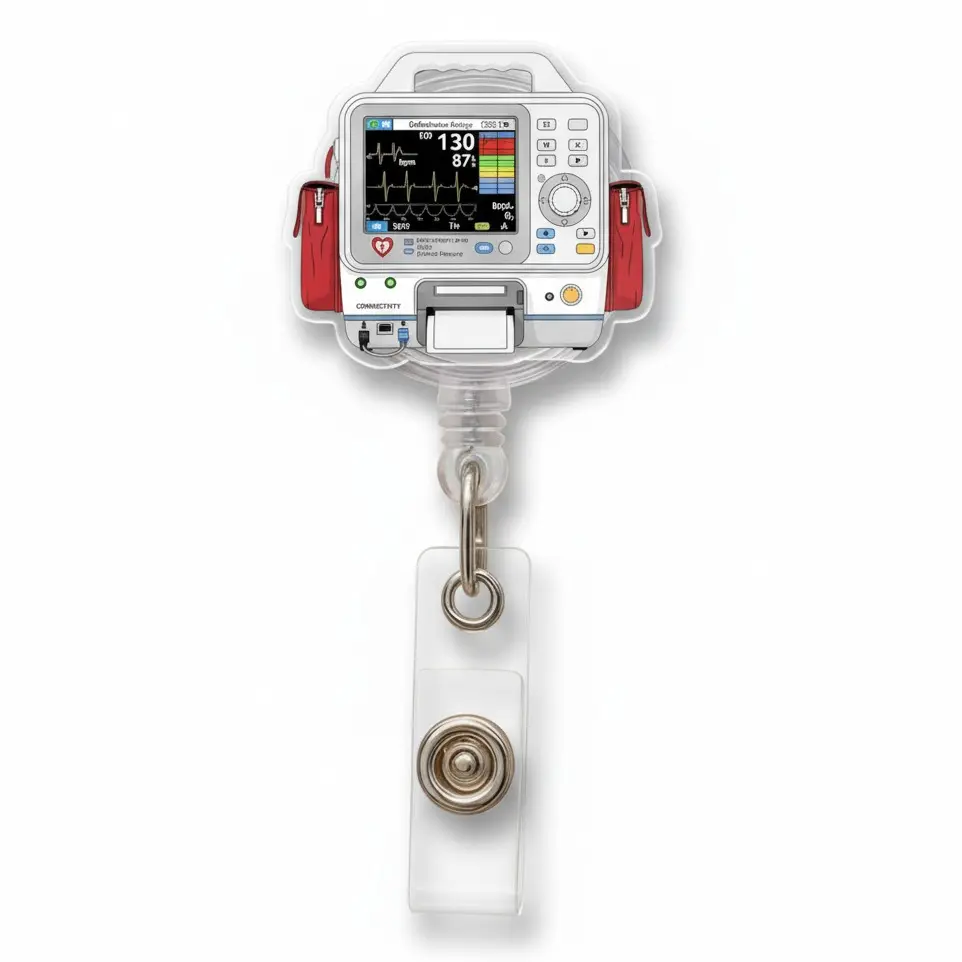 Defibrillator Badge Reel, Paramedic Nurse ID Holder, ECG Monitor Retractable Clip, Emt ER Tech Gift, Medical Accessory for Staff