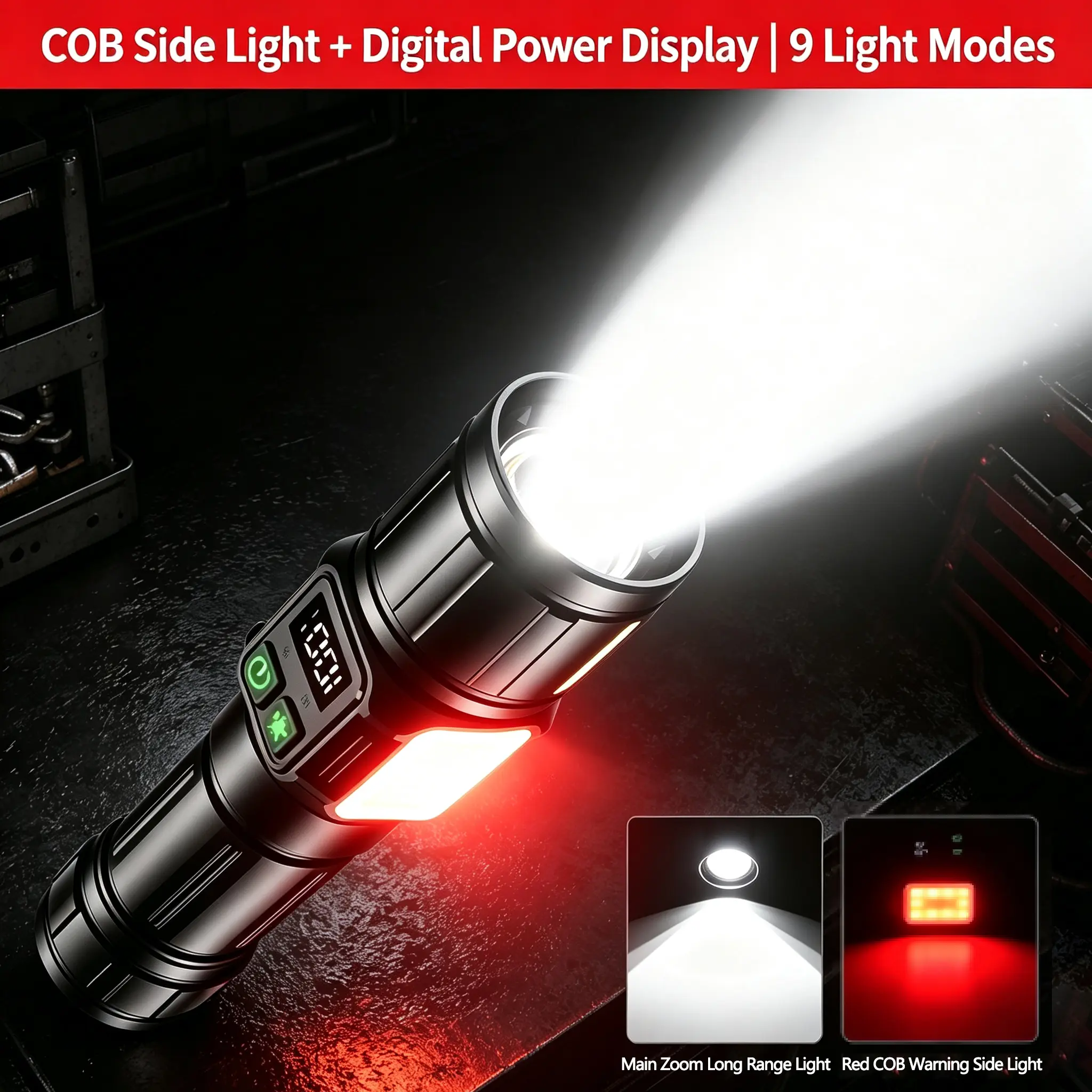 2800 Lumens Tactical Flashlight USB-C Rechargeable Digital Power Display Flashlight with COB Side Red Warning Light Zoomable Waterproof 9 Light Modes for Car Repair Roadside Emergency Mechanic Camping Survival