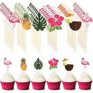 24Pcs Hawaiian Cupcake Toppers Flamingo Pineapple Palm Leaves Toothpicks Tropical Summer Beach Birthday Party Cake Decoration