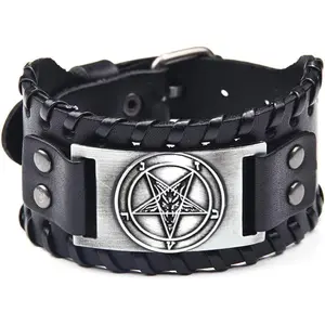 Satanic Leather Cuff Bracelet, Demon Baphomet Satanic Goat Head Bracelet, Gothic Inverted Pentagram Bangle