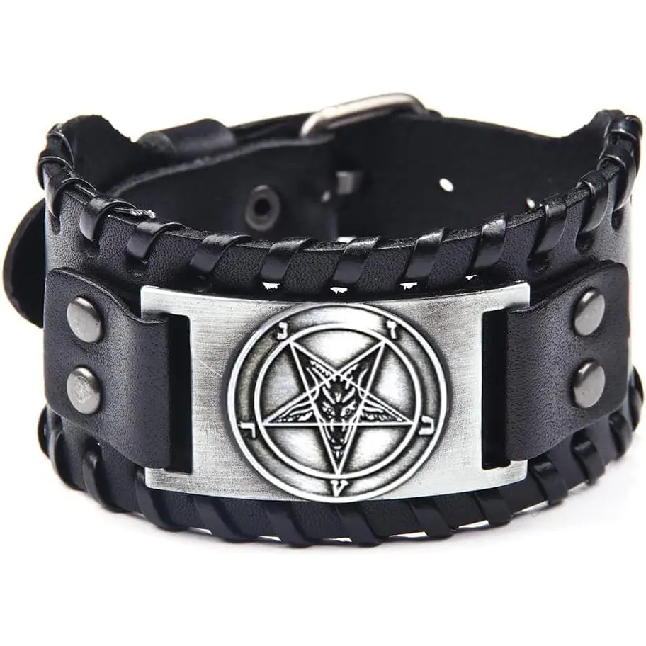 Gothic Satanic Leather Cuff Bracelet - Demon Baphomet Goat Head Design with Inverted Pentagram, Fashion Costume Jewelry Bracelets Bangles