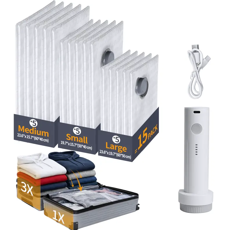 【2026 Upgraded】X7 Cordless Travel Vacuum Compression Bag Set – 15 Pack in 3 Sizes with USB Rechargeable Air Pump