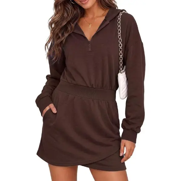 Fisoew Women's Knit Oversized Quarter-Zip Hooded Sweatshirt Dress - Ribbed, Slim-Fit, Elastic Cinched Waist, Wrap Cross Hem, Long Sleeve, Athletic Style with Side Pockets, Fashion Design, Lightweight, Comfortable